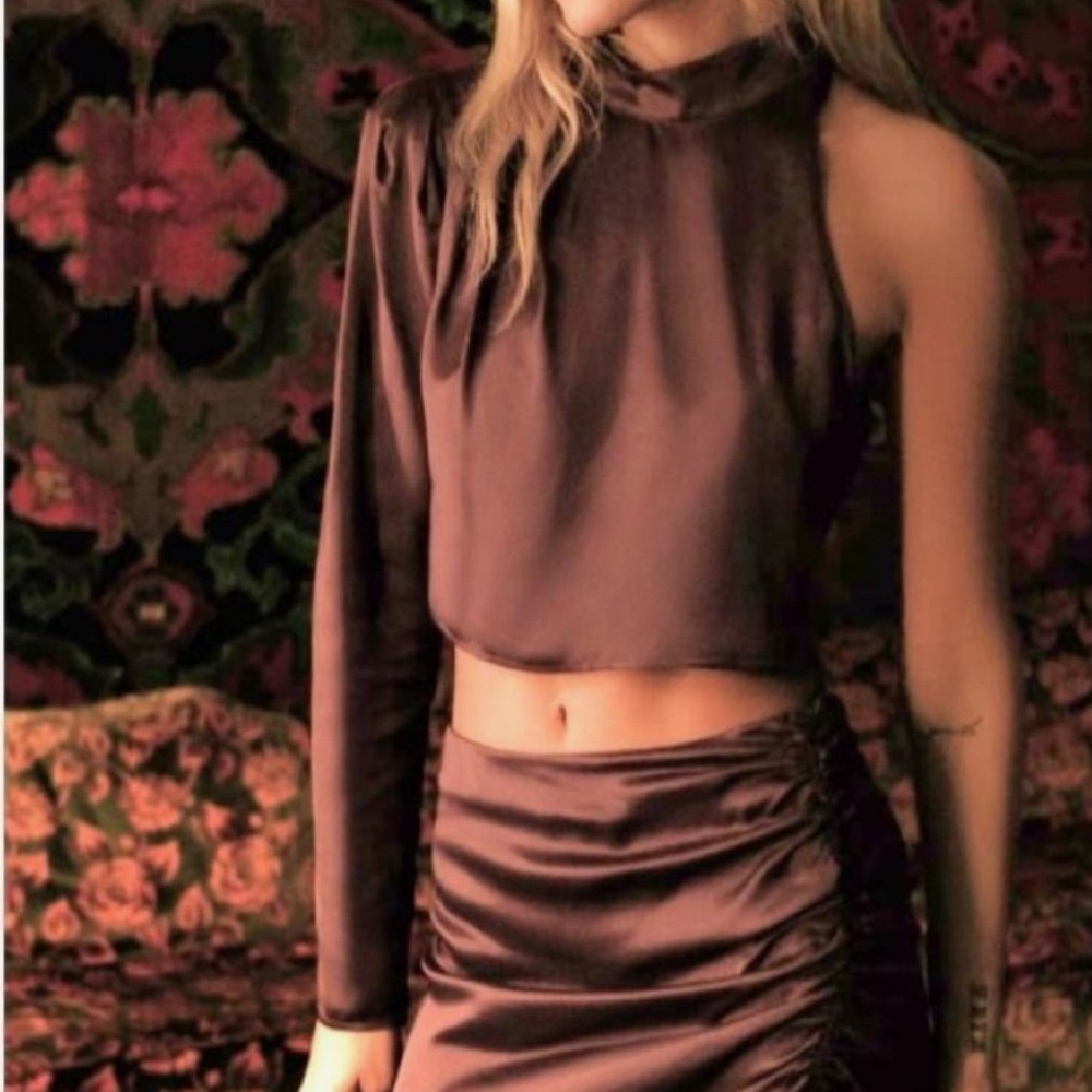 Zara One-Sleeve Brown Cropped Satin Effect Blouse Top